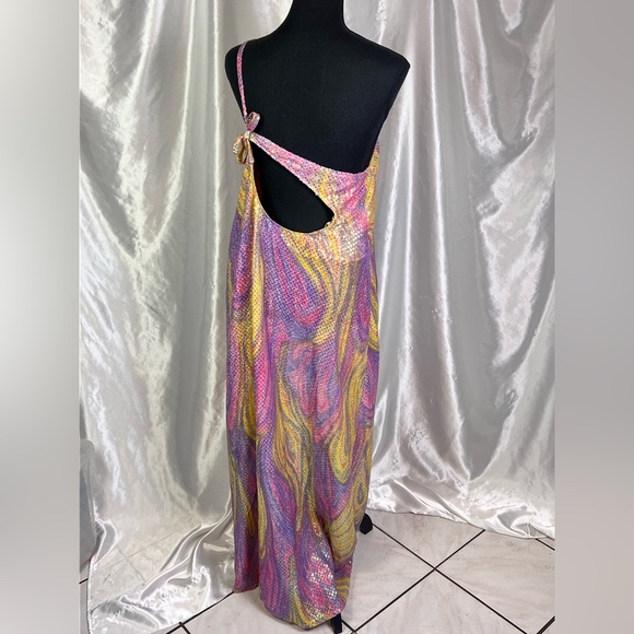 Asymmetrical Pink+Yellow Swirl One Shoulder Disco-Inspired Prom/Party Maxi Dress - Picture 4 of 8